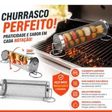 Grelha Giratória Inox Para Churrasco Cesto Giratório Carnes Legumes Milho