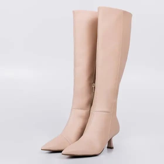 Bota Feminina Cano Alto Longo Nude Bico Fino Salto Taça Baixo Confortavel Sapato Premium Executiva