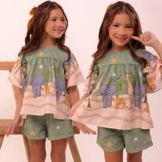 Conjunto Infantil Menina Estampado Cores Verão Casual Festa Aniversario Blogueirinha Short e blusa