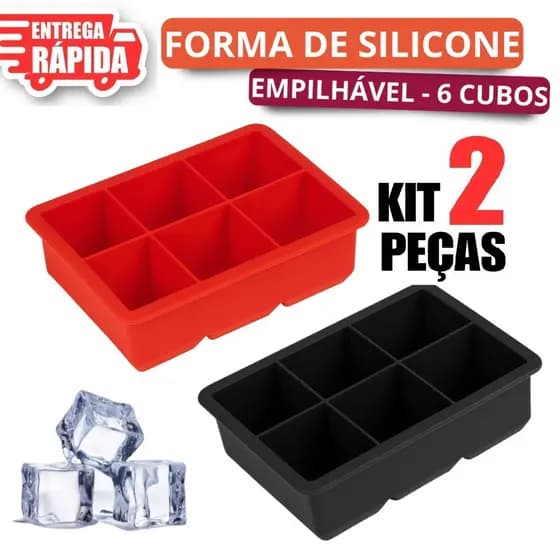 Kit 2 Formas Gelo de Silicone 6 Cubos Grandes Empilhável Para Bombom Gelado Flexível Maleável