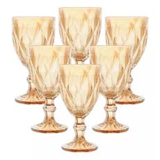 Jogo de 6 Taças Diamond Âmbar Transparente Copo Vidro Cristal 340 ml Para Água Vinho