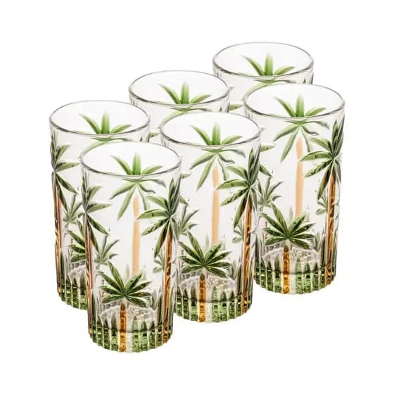 Copo de Vidro Alto 360 ml para Agua Suco Refrigerante Conjunto de Copo Cristal  6 Peças Palm Tree Wolff Jogo Coqueiro