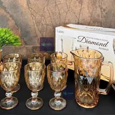 Jogo de Jarra 7 Peças Jarra de Vidro 1 Litro e 6 Taças 260 Ml Ambar de Vidro Conjunto Diamond