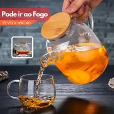 Chaleira de Vidro Tampa de Bambu Resistente a Fogo Borossilicato  com 1,8 Litros Tampa Hérmetica Jarra Geladeira Café In