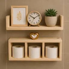 Kit Prateleira + Nicho para Banheiro, Lavabo, Quarto ideal para Decoração em Madeira Pinus Natural Já Montado