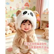 Infantil 5 ao 16 anos DC25-22 Panda Urso Touca Cachecol  2 em 1 Peluciada Tampa Orelha Forrada Para Menina e Menino..v