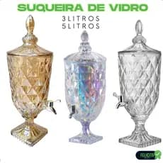 Suqueira De Vidro 5 Litros Diamond  Transparente e Ambar Luxo Dispenser Cristal Torneira Agua Suco