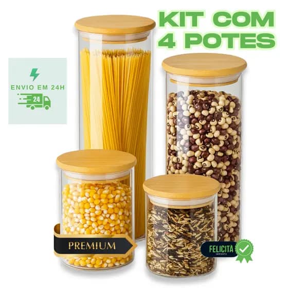 Kit 4 Potes 500ml 700ml 1000ml 1.400ml Herméticos De Vidro Borossilicato Tampa De Bambu