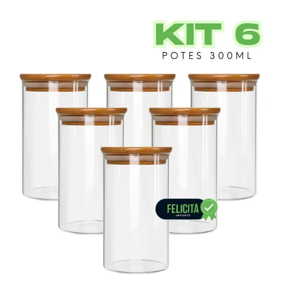 Kit Potes Vidro Hermético 300 ml Kit Com 6 Potes Com Tampa De Bambu para Mantimentos e Temperos