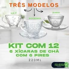 Jogo de Xícaras 220ml e Pires Vidro Transparente  Design Moderno e Resistente a Altas Temperaturas