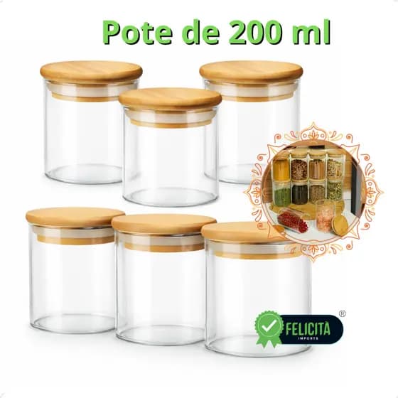 Pote porta mantimentos 200ml de Vidro Com Tampa De Bambu Temperos cozinha herméticos pequeno