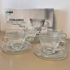 4 Xícaras e 4 Pires de Vidro 180ml Caneladas Resistentes Textura Canelado Café