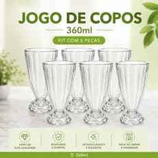Conjunto 6 Copos para Milkshake Vidro 360ml Sorvete, Milkshake, Lanchonete, Restaurante