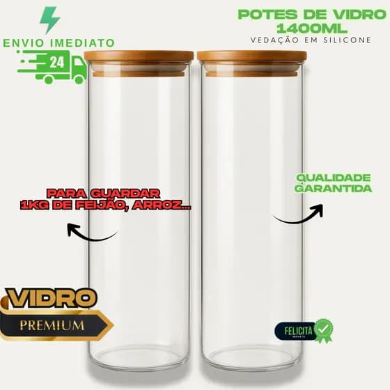 2 Potes 1400ml Hermético Vidro Tampa Bambu Redondo Porta Mantimentos Cozinha Fejão Arroz Condimentos