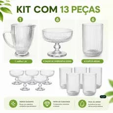 Kit 13 Peças 6 Taças de Sobremesa 320ml, 6 Copos 450ml 1 Jarra 1,3 Litros