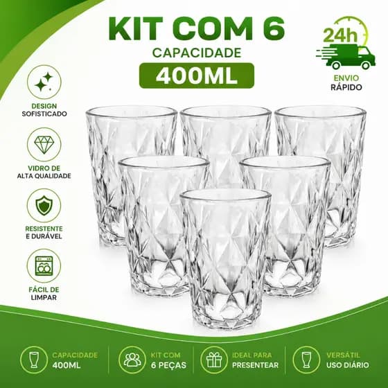 Jogo 6 Copos Diamante Vidro 400ml Cristal Elegante Relevo Geométrico Drinks