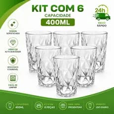Jogo 6 Copos Diamante Vidro 400ml Cristal Elegante Relevo Geométrico Drinks