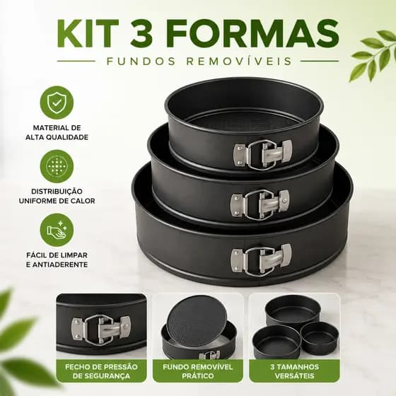 Kit 3 formas de bolo com fundo removivel Antiaderente Assadeira para Bolos e Tortas Não Gruda
