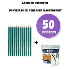 Kit 50 Lápis de Escrever Nº2 Preto Sextavado + 50 Borracha Escolar Ponteira Branca Masterprint