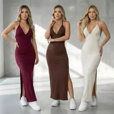 Vestido Verona Feminino Longo Com Decote Fenda Lateral Amarração Nas Costas Verão Tendência Canelado