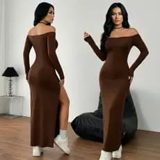 Vestido Feminino Ombro A Ombro Manga Longa Com Fenda Lateral Inverno Festa Ribana Canelada