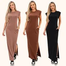 Vestido Midi Muscle Tee Longo Feminino Ribana Canelada Longo Regata Com Bolsos Fenda Lateral