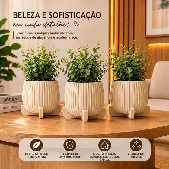 Kit 3 Vasos Cachepot Minimalista Premium Vasinho Sala Cozinha Quarto Decoração Delicada para Plantas Suculentas Cactos