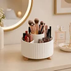 Organizador de Maquiagem Giratório 360° Branco ou Preto e Bege Pincéis e Cosméticos de Mesa