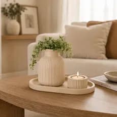 Kit Decorativo Vaso com Bandeja e Porta Vela Minimalista PLA Premium Decoração para Sala Quarto Mesa Centro Escritório