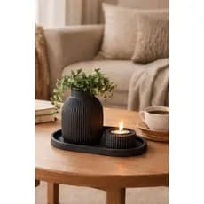 Kit Decorativo Vaso Porta Vela LED Base Oval PRETO BRANCO E BEGE