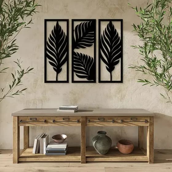 Decoração Trio de Folhas decorativa para parede em mdf de 3mm preto decoração para casa escritório quarto