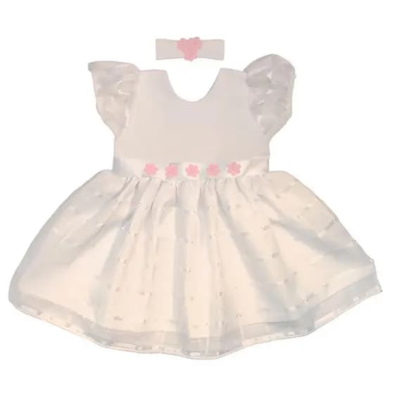 Vestido Princesa Bebê Luxo Branco com Rosas + Tiara 100% Algodão