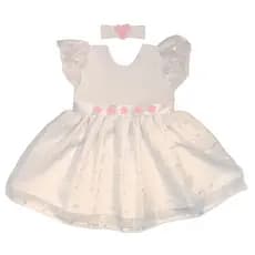 Vestido Princesa Bebê Luxo Branco com Rosas + Tiara 100% Algodão