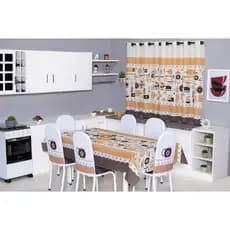 Kit Cozinha Completo Com Cortina Toalha de Mesa e Capas de Cadeira Tubular Tecidos Estampados