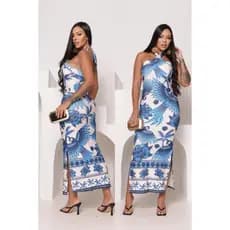 Vestido feminino Longo Estampado Estilo com Bojo e Alça Cruzada Moda 2025 Luxo Lançamento