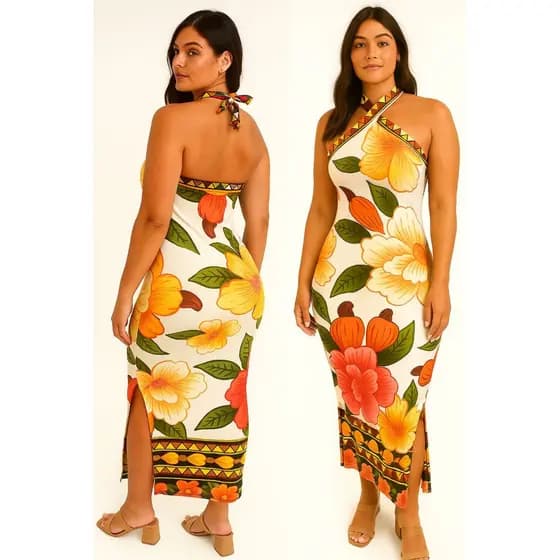 Vestido Feminino Longo Estampado Inspiração Tropical Floral Lançamento Moda Casual Basico