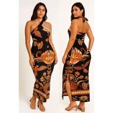 Vestido Longo Feminino Tropical Estampado Fenda Lateral Luxo Lançamento Verão Casual Praia Tendencia Blogueira