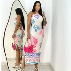 Vestido Longo Feminino Estampado com Fenda lateral