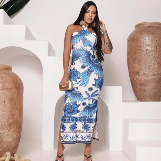 Vestido Longo Feminino Tropical Estampado Bojo Fenda Luxo Lançamento Verão Praia Tendencia Blogueira