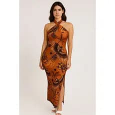 Vestido Midi Estampado Floral Tropical Frente Única com Bojo e Fenda Lateral