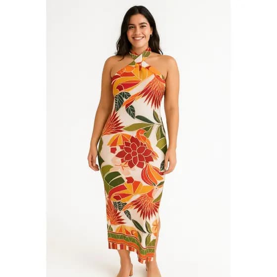Vestido Feminino Midi Estampado Floral Tropical Frente Única Praia Festa Casual Fenda Bojo moda