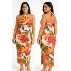 Vestido Feminino Estampado Inspiração Tropical Floral Longo Lançamento Moda Luxo Tendência 2025