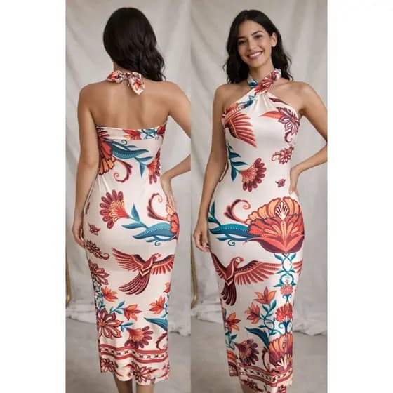 Vestido Estampado Feminino Fendas Inspiração Bojo Frente Unica Tubinho Elegante Festa Dia a dia