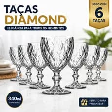Conjunto 6 Taças Diamond Vidro Transparente Resistente Gourmet Para Bebidas e Sobremesa 340ML