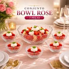 Conjunto Bowl de Vidro Dumiat Rose 7 Peças 1,5L + 6 Bowls 310ml para Salada, Sobremesa e Frutas