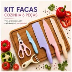 Kit de Conjunto Facas Coloridas Tesoura Descascador Cozinha Gourmet 6 Peças