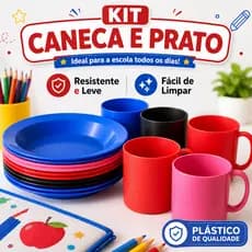 Kit Caneca e Prato Infantil Escolar Plástico Resistente Reutilizável Diversas Cores