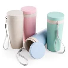 Copo Fibra De Bambu 350ml Com Tampa Rosqueável Parede Dupla E Alça De Nylon