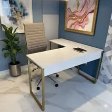 Mesa Escrivaninha L 120 cm Escritório Home Pé Metal Dourado Industrial Tampo MDF Computador Gamer