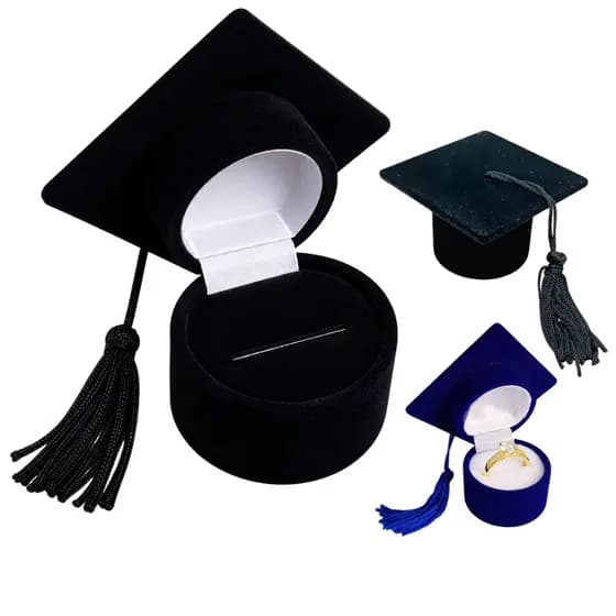 Estojo Caixinha Chapeu Capelo Para Anel Formatura Veludo Luxo | Azul Preto